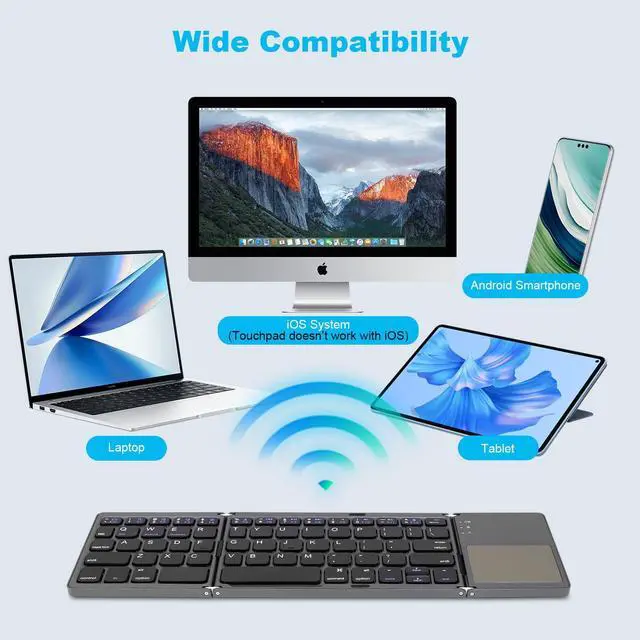 Alt view image 3 of 5 - AURTEC Foldable Bluetooth Keyboard with Touchpad, Rechargeable Portable Wireless Mini Keyboard for PC Tablet, Samsung, Android, iOS, Smartphone-Dark Gray
