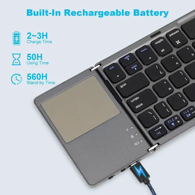 Alt view image 4 of 5 - AURTEC Foldable Bluetooth Keyboard with Touchpad, Rechargeable Portable Wireless Mini Keyboard for PC Tablet, Samsung, Android, iOS, Smartphone-Dark Gray