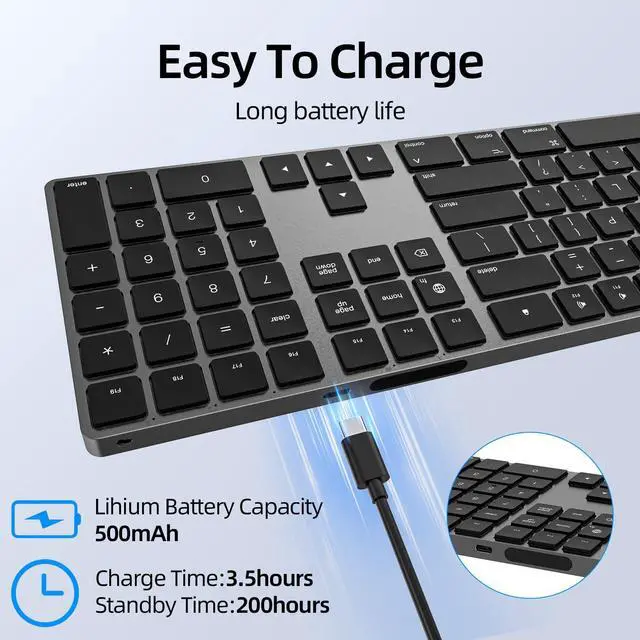 Alt view image 4 of 5 - B.FRIENDIT Bluetooth Keyboard, Quiet USB Wired Computer Keyboards, Full Size Low-Profile Flat Key, Multi-Device Rechargeable Keyboard for MacBook Pro/Air, iMac, Mac mini