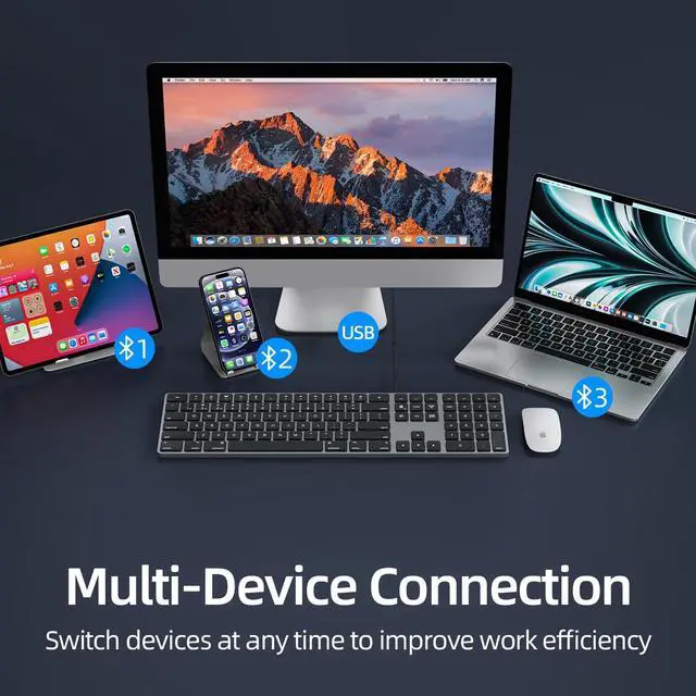Alt view image 5 of 5 - B.FRIENDIT Bluetooth Keyboard, Quiet USB Wired Computer Keyboards, Full Size Low-Profile Flat Key, Multi-Device Rechargeable Keyboard for MacBook Pro/Air, iMac, Mac mini