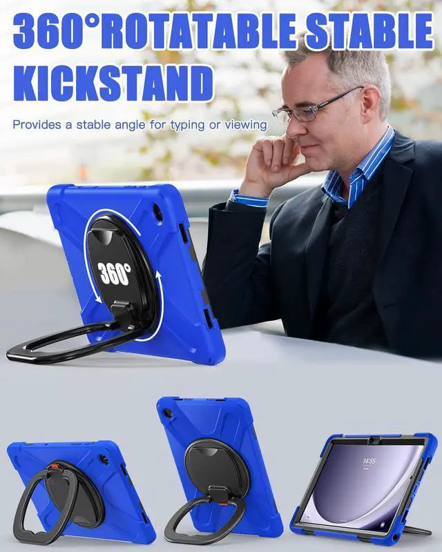 Alt view image 3 of 5 - BRAECN Case for Samsung Galaxy Tab A9 Plus 11 Inch 2023 SM-X210/X216/X218, Heavy Duty Rugged Silicone Cover with Screen Protector, Handle Grip, Swivel Stand, Shoulder Strap for Samsung Tab A9+, Blue