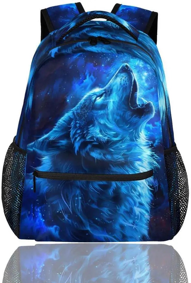 cfpolar Wolf Backpack for School, Blue Wolf Galaxy Space Laptop