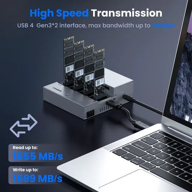 Alt view image 3 of 5 - 4-Bay M.2 NVME Cloner, Coolpie CR510 20Gbps NVMe Enclosure for SSD Offline Clone& Read Write, Tool Free M.2 Cloner with Cooling Fans, Supports Size for SSD Size 2230/2242/2260/2280/22110