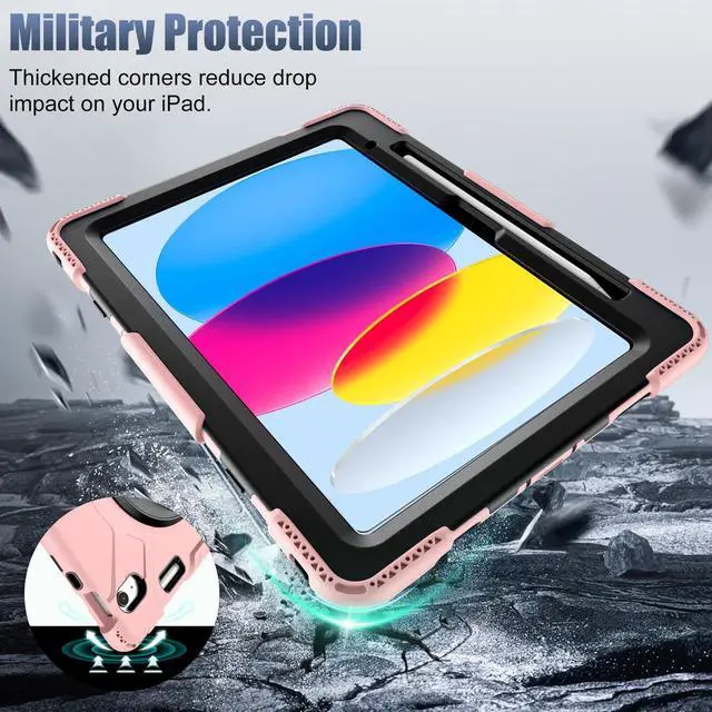 Alt view image 4 of 5 - Cousper for iPad A16 11th/10th Generation Case 11/10.9 Inch 2025/2022 with Screen Protector, 360degRotating Stand, Handle, Adjustable Strap, for iPad Shockproof Cover 10 Gen with Pencil Holder, Pink