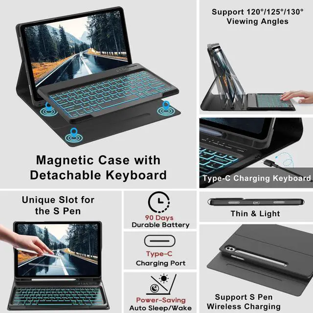 Alt view image 2 of 5 - Keyboard Case for Galaxy Tab S10 Plus/S9 Plus/S9FE Plus 12.4 inch, 7 Color Backlit, Rechargeable, Detachable Wireless Bluetooth Keyboard, S Pen Holder, Smart Folio Cover for Samsung Tab S10+/S9+/S9fe+