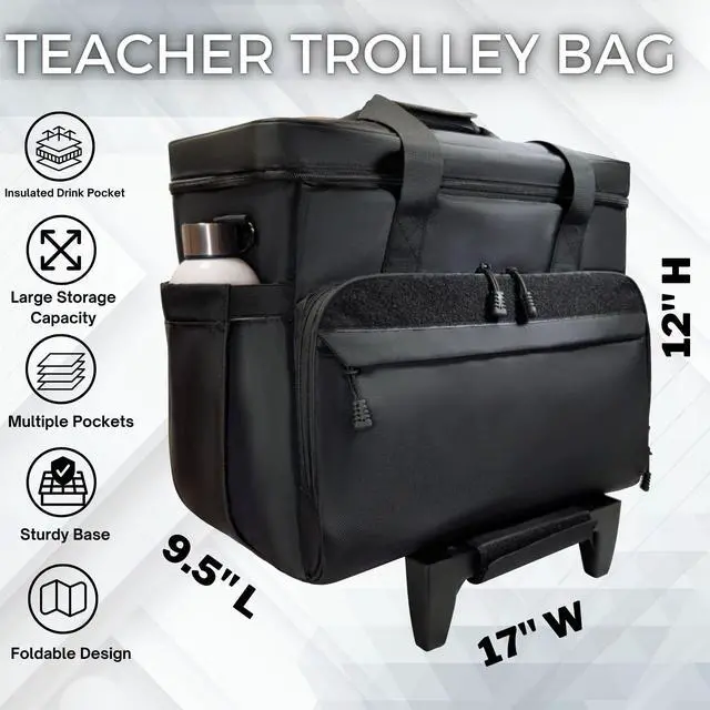 Alt view image 2 of 5 - DERABY Rolling Teacher Tote Bag with wheels and Laptop Compartment, Wheeled Teacher Bag for Teaching, Detachable Trolley, Office, Craft, Black