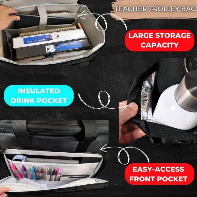 Alt view image 3 of 5 - DERABY Rolling Teacher Tote Bag with wheels and Laptop Compartment, Wheeled Teacher Bag for Teaching, Detachable Trolley, Office, Craft, Black
