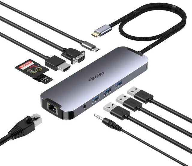 Main image of USB C Docking Station Dual Monitor 10 in 1, USB-C Hub to HDMI VGA Adapter with 1Gbps Ethernet 100W Charging, USB C Hub to USB, 3.5 Audio, Card Reader Compatible for Dell/MacBook/Surface Laptops