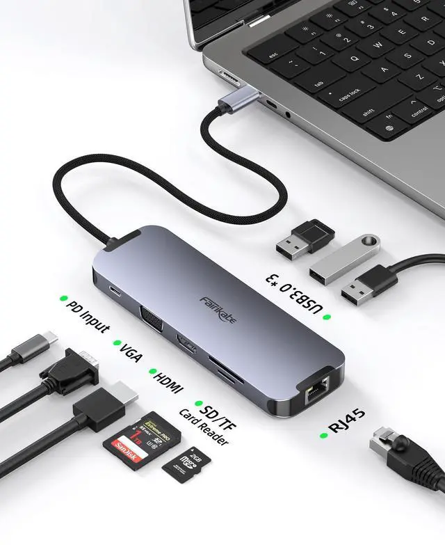 Alt view image 2 of 5 - USB C Docking Station Dual Monitor 10 in 1, USB-C Hub to HDMI VGA Adapter with 1Gbps Ethernet 100W Charging, USB C Hub to USB, 3.5 Audio, Card Reader Compatible for Dell/MacBook/Surface Laptops