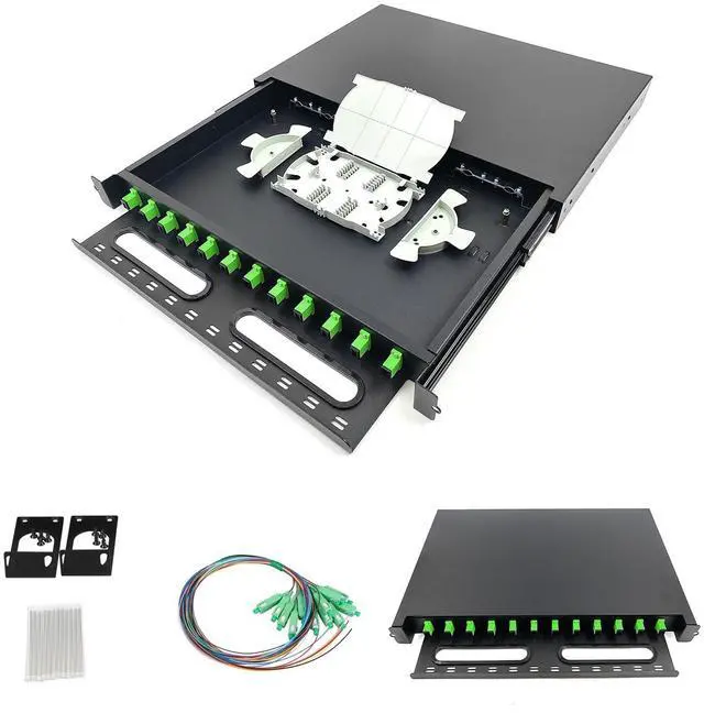 Main image of FYBOPTWU - 1 Pack 12 Singlemode 12 Port SC-APC Fiber Optic Rack Mount Enclosure Box with Pigtails & Couplers, 12 Core LGX Loaded Patch Panel Box (Drawer Type Design) fits for 19" Racks Cabinet