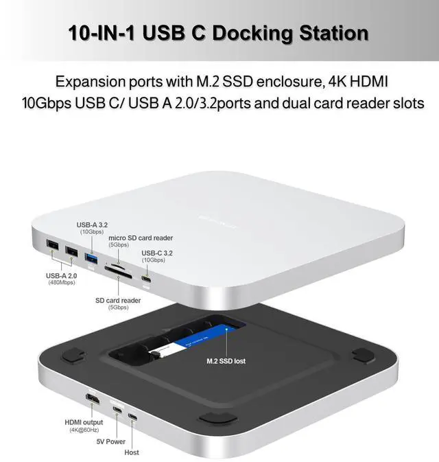 Alt view image 2 of 5 - GEWOKLIY Mac Mini Hub & Stand with SSD Enclosure for NVME/SATA M.2, Mac Mini Dock with 4K HDMI,USB C 10Gbps USB A/C Port, TF/SD Card Reader for Mac Mini M1/ M2 and Mac Studio | Accessories