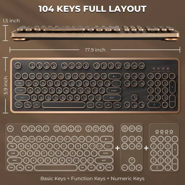 Alt view image 3 of 5 - GLENCREAG RK104 Retro Mechanical Keyboard, Wired Full-Size 104 Keys with Typewriter Round Keycaps, Wooden Grain, N-Key Rollover, Green Linear Switches, Ideal for Retro Lovers