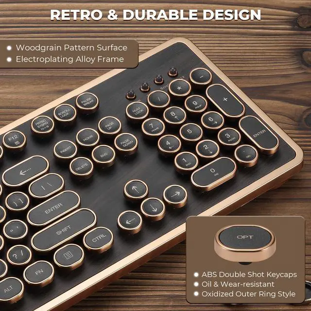 Alt view image 2 of 5 - GLENCREAG RK104 Retro Mechanical Keyboard, Wired Full-Size 104 Keys with Typewriter Round Keycaps, Wooden Grain, N-Key Rollover, Green Linear Switches, Ideal for Retro Lovers