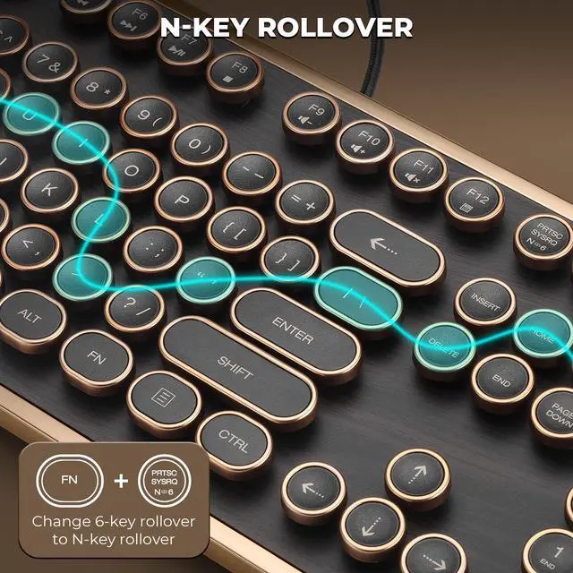 Alt view image 4 of 5 - GLENCREAG RK104 Retro Mechanical Keyboard, Wired Full-Size 104 Keys with Typewriter Round Keycaps, Wooden Grain, N-Key Rollover, Green Linear Switches, Ideal for Retro Lovers