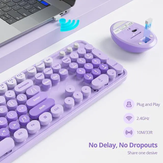 Alt view image 2 of 5 - GTSP Colorful Purple Wireless Keyboard and Mouse Combo, Retro Typewriter Wireless Full-Size Cute Office Keyboard 2.4GHz with Round Keycaps for Desktop Laptop and PC (Cute Purple)