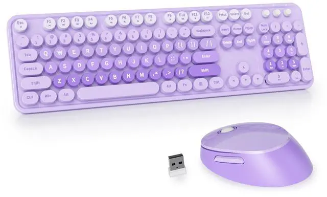 Main image of GTSP Colorful Purple Wireless Keyboard and Mouse Combo, Retro Typewriter Wireless Full-Size Cute Office Keyboard 2.4GHz with Round Keycaps for Desktop Laptop and PC (Cute Purple)
