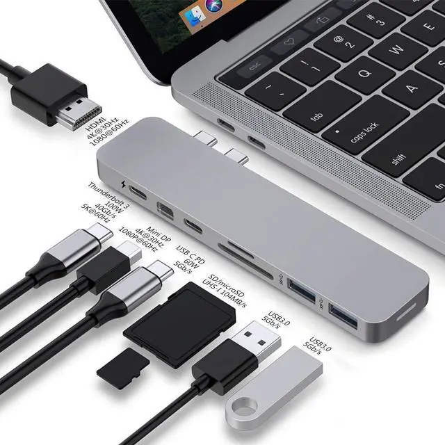 Main image of HyperDrive Mac USB C Hub Adapter, Multi-Port Hub MacBook Pro 2020 2019-2016, MacBook Air 8-in-2 Dongle w Thunderbolt 3, USB-C 100W PD, 4K HDMI, MiniDP, microSD/SD Card Reader, 2xUSB A - Gray
