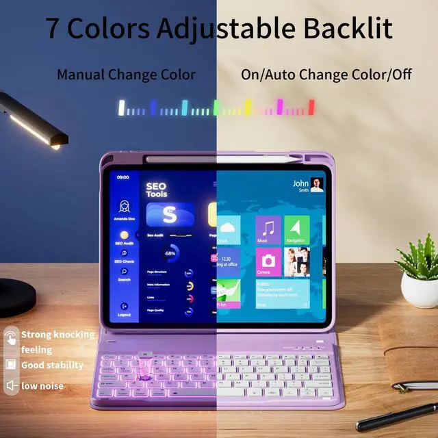 Alt view image 3 of 5 - kenke Keyboard Case for iPad 10th Generation (10.9 Inch 2022) / iPad (A16) 11th (11 inch 2025), 7 Color Backlight Square Cap, Wireless Detachable Folio Keyboard Cover with Pencil Holder, Taro Purple