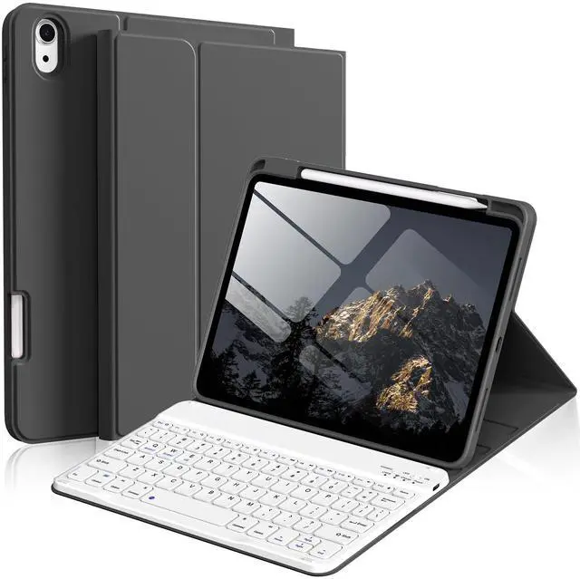 Main image of kenke for iPad 11/10th Gen Case with Keyboard 11/10.9 inch 2025 A16/2022, Detachable Wireless Bluetooth Keyboard Case with Right Side Pencil Holder, White Square Keycaps (Black