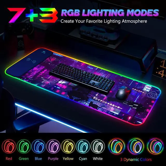 Alt view image 2 of 5 - Lauspuck RGB Mouse Pad with 15W Wireless Charging, Purple Anime Neon Extended Large LED Gaming Mouse Pad Non-Slip Rubber Base, 10 Light Modes Desk Pad for Home Office-Warrior Cat