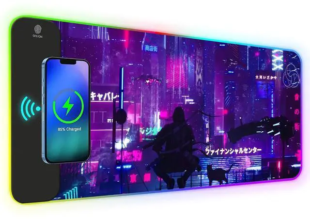 Main image of Lauspuck RGB Mouse Pad with 15W Wireless Charging, Purple Anime Neon Extended Large LED Gaming Mouse Pad Non-Slip Rubber Base, 10 Light Modes Desk Pad for Home Office-Warrior Cat
