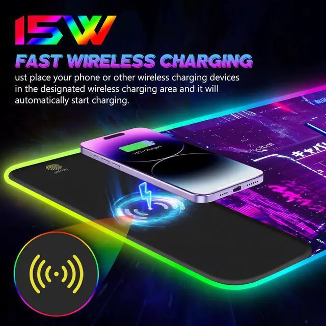 Alt view image 3 of 5 - Lauspuck RGB Mouse Pad with 15W Wireless Charging, Purple Anime Neon Extended Large LED Gaming Mouse Pad Non-Slip Rubber Base, 10 Light Modes Desk Pad for Home Office-Warrior Cat