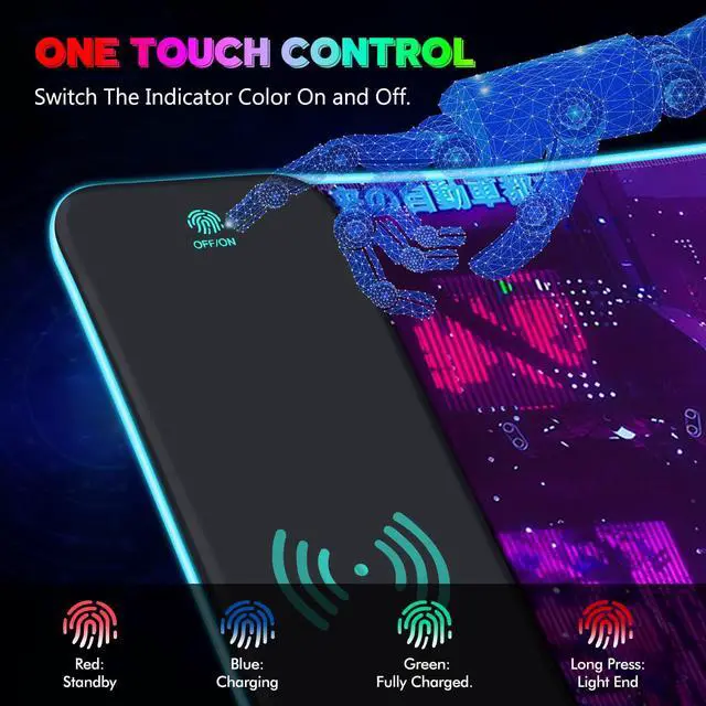 Alt view image 5 of 5 - Lauspuck RGB Mouse Pad with 15W Wireless Charging, Purple Anime Neon Extended Large LED Gaming Mouse Pad Non-Slip Rubber Base, 10 Light Modes Desk Pad for Home Office-Warrior Cat