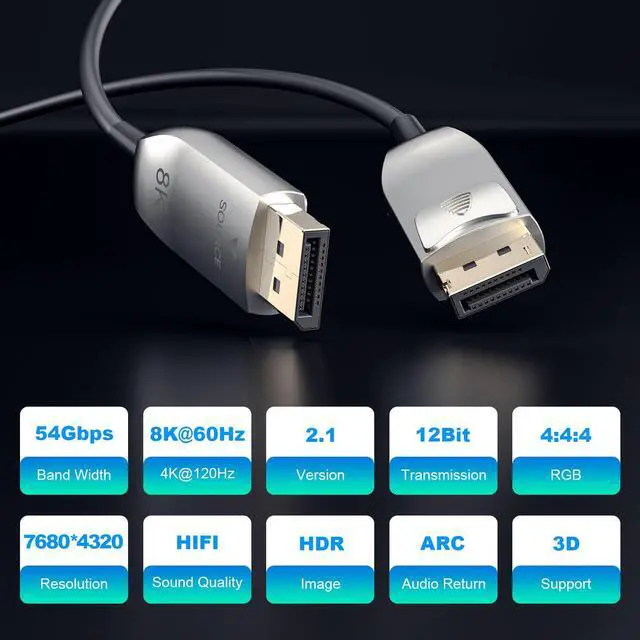 Alt view image 2 of 5 - Fiber Optic DisplayPort Cable 2.1, 8K@60Hz 4K@240Hz 54Gbps High Speed Long Active Optic DP Cable 2.1,Active Lockable DP 2.1 Cable, DP to DP Male for Personal Computer Connection (100ft/30m)