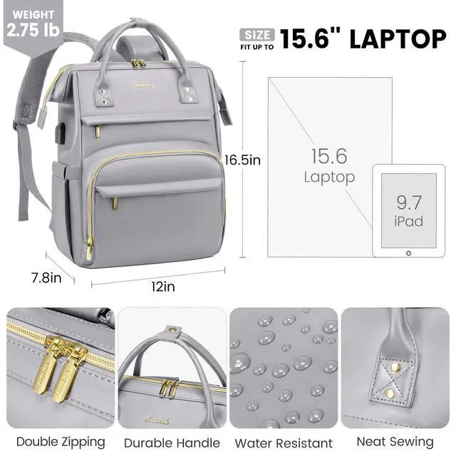 Alt view image 4 of 5 - LOVEVOOK Leather Laptop Backpack for Women 15.6 inch,Travel Backpack Purse Nurse Teacher Backpack Computer Laptop Bag,Professional College Business Work Carry On Backpack with USB Port,Elephant Grey