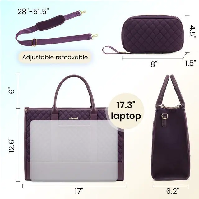 Alt view image 5 of 5 - LOVEVOOK Laptop Bags for Women, 17 inch Waterproof Work Tote Bag with Clutch, Professional Teacher Computer Purse Lightweight Shoulder Bag Travel, Quilted Purple