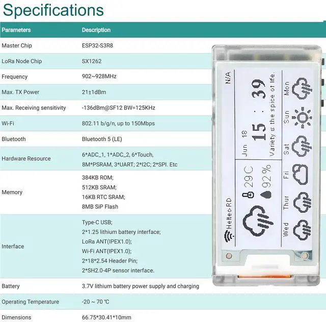 Alt view image 5 of 5 - Vision Master E213 ESP32-S3R8 LoRa Development Board SX1262 Chip with 2.13" E-Ink Display LoRaWAN BLE 5.0 WiFi Compatible with Arduino LoRa Meshtastic IoT(902-928MHz