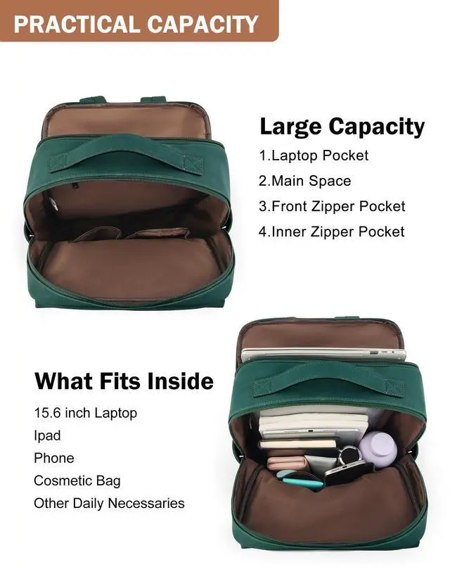 Alt view image 3 of 5 - MASINTOR 15.6 inch PU Leather Laptop Backpack Purse for Women, Large College Casual Backpack Travel Bag Retro Green