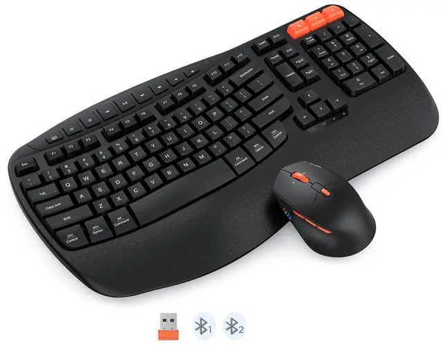 Main image of MEETION Wave Ergonomic Keyboard and Mouse Wireless, USB/Bluetooth Wave Ergo Keyboard with Wrist Rest, 4 DPI Adjustable Swing Wheel Silent Wireless Mouse Rechargeable for Windows/Mac/Android Black