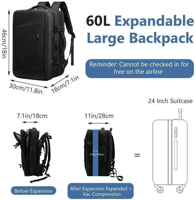 Alt view image 2 of 5 - MEKOTRIN Vacuum Travel Backpack, 60L Expandable Airback Backpack with Pump, Vacpack Backpack with Anti-Theft Lock, Water-proof Compression Work Backpack for Women Men Laptop Weekender Hiking(Black)