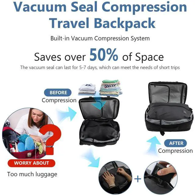 Alt view image 4 of 5 - MEKOTRIN Vacuum Travel Backpack, 60L Expandable Airback Backpack with Pump, Vacpack Backpack with Anti-Theft Lock, Water-proof Compression Work Backpack for Women Men Laptop Weekender Hiking(Black)