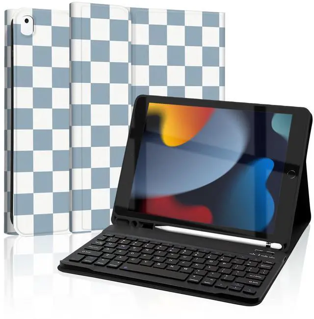 Main image of Mewealth Keyboard Case for iPad 9th / 8th / 7th Generation 10.2 Inch with Pencil Holder, Detachable Keyboard Cover for iPad Pro 10.5" / iPad Air 3rd, Checkered Plaid Blue-White