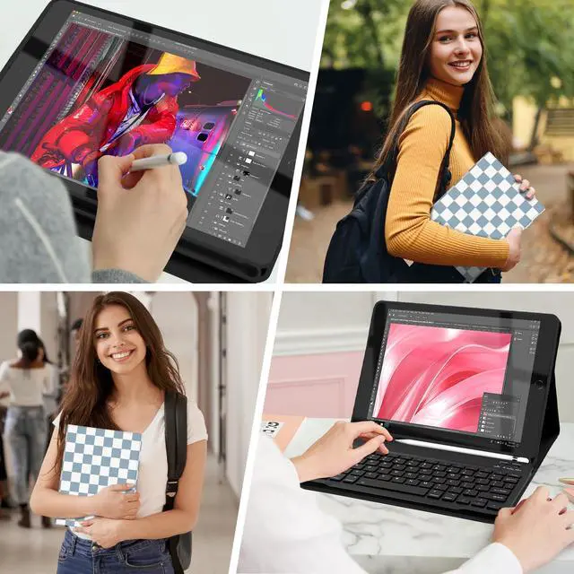 Alt view image 5 of 5 - Mewealth Keyboard Case for iPad 9th / 8th / 7th Generation 10.2 Inch with Pencil Holder, Detachable Keyboard Cover for iPad Pro 10.5" / iPad Air 3rd, Checkered Plaid Blue-White