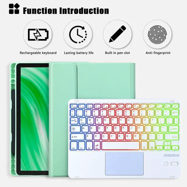 Alt view image 3 of 5 - MePadKey Trackpad Keyboard Case for  Fire HD 10/10 Plus 10.1 inch,7-Color Backlight Rechargeable Keyboard with Kids Multi-Angle Cover for Tablet (Mint Green+White)