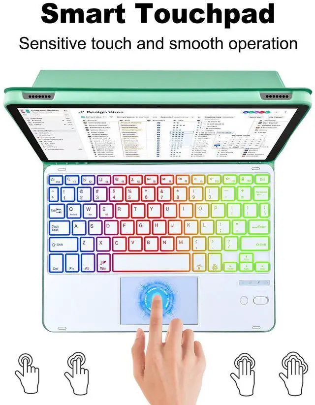 Alt view image 4 of 5 - MePadKey Trackpad Keyboard Case for  Fire HD 10/10 Plus 10.1 inch,7-Color Backlight Rechargeable Keyboard with Kids Multi-Angle Cover for Tablet (Mint Green+White)
