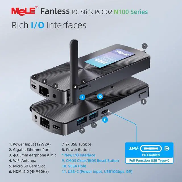 Alt view image 2 of 5 - MeLE Fanless Mini PC Stick PCG02,12th N100 8GB 256GB,Mini Desktop Computer Stick,Support 4K HDMI,PXE Unlocked Bios, Micro PC Auto Power on Industry IoT Media Business Office Digital Signage Linux
