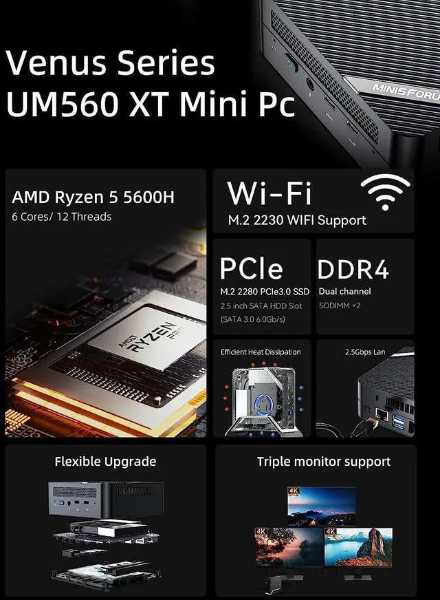 Alt view image 3 of 5 - MINISFORUM Mini Server UM560 XT AMD Ryzen 5 5600H Mini PC 16GB RAM 512GB PCIe SSD Mini Computer, 2.5G Intel NIC, 2 X HDMI & USB-C, 6 X USB Port,Small Form Factor