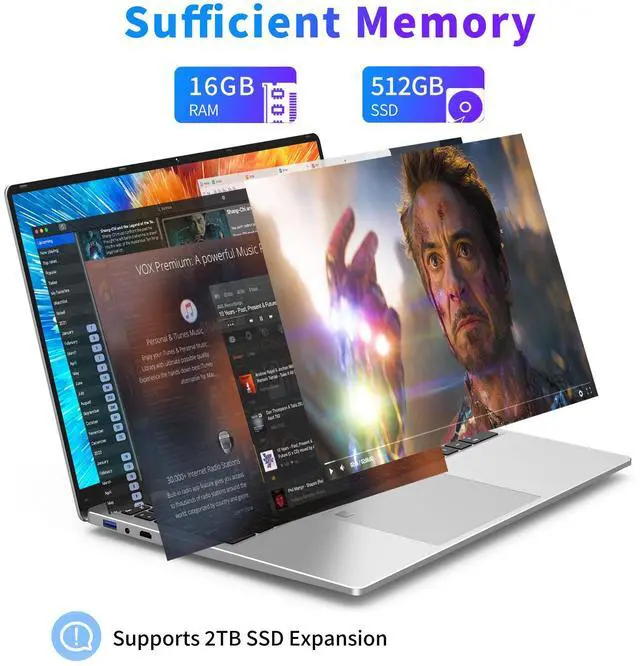 Alt view image 5 of 5 - NIAKUN 16 Inch Laptop Computer 2025, Gaming Laptop, 16GB RAM 512GB SSD, N100 Processor, UHD Graphics 750 MHz, FHD 1920 * 1200, 180° Open, Backlit Keyboard, Windows 11 Pro, Fingerprint Unlock, Student