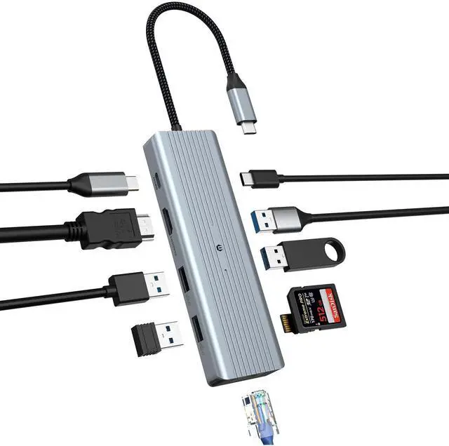 Main image of 10 in 1 USB C Docking Station, USB C Hub USB C Adapter with 4K HDMI LAN RJ45, USB C 3.0, 100W PD, 2 USB A 3.0, 2 USB 2.0, SD/TF Ports