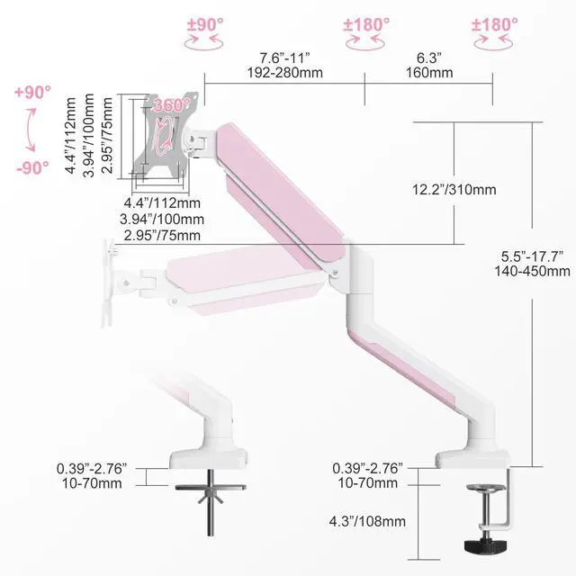 Alt view image 3 of 5 - PHOLITEN Single Monitor Arm Fits 13-32 inch,4.4-19.8lbs Monitor, Fully Adjustable Gas Spring Monitor Arm, Computer Monitor Stand with VESA 75 * 75mm/100 * 100mm Mount,White & Pink