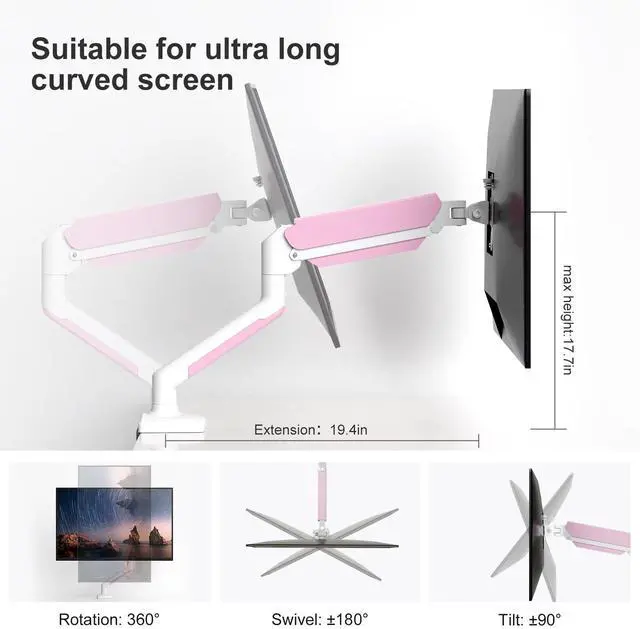 Alt view image 2 of 5 - PHOLITEN Single Monitor Arm Fits 13-32 inch,4.4-19.8lbs Monitor, Fully Adjustable Gas Spring Monitor Arm, Computer Monitor Stand with VESA 75 * 75mm/100 * 100mm Mount,White & Pink