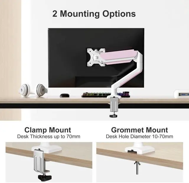 Alt view image 4 of 5 - PHOLITEN Single Monitor Arm Fits 13-32 inch,4.4-19.8lbs Monitor, Fully Adjustable Gas Spring Monitor Arm, Computer Monitor Stand with VESA 75 * 75mm/100 * 100mm Mount,White & Pink