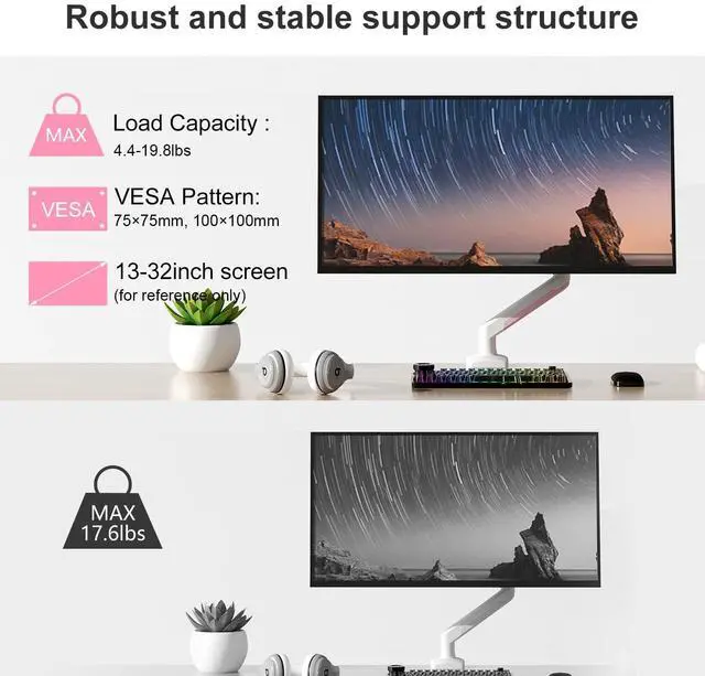 Alt view image 5 of 5 - PHOLITEN Single Monitor Arm Fits 13-32 inch,4.4-19.8lbs Monitor, Fully Adjustable Gas Spring Monitor Arm, Computer Monitor Stand with VESA 75 * 75mm/100 * 100mm Mount,White & Pink