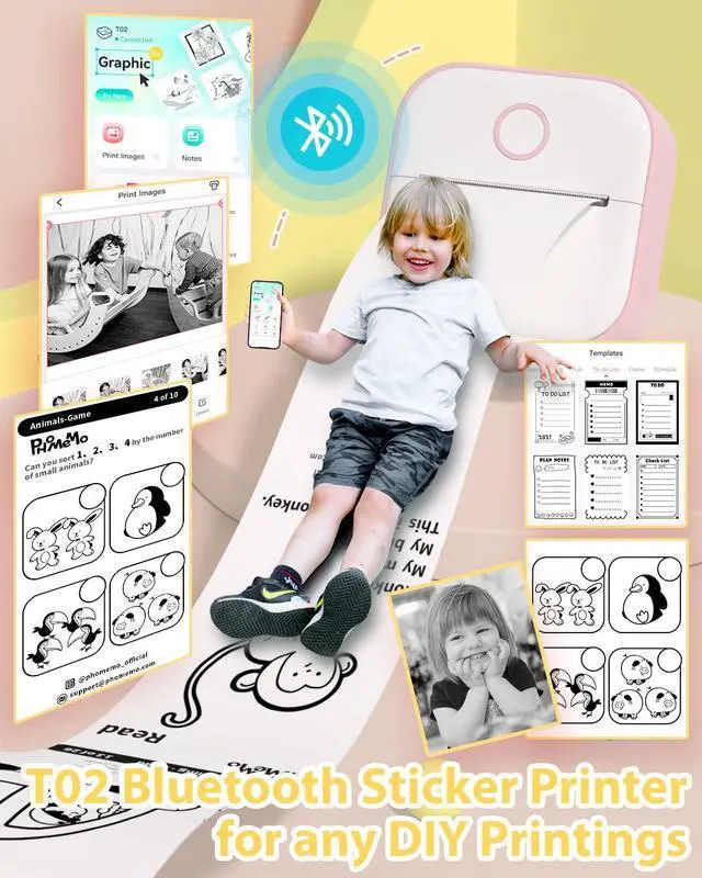 Alt view image 3 of 5 - Phomemo Sticker Printer- Print Pods Mini Sticker Printer Maker T02, Bluetooth Thermal Pocket Printer for Study Notes, Stickers, Photos, DIY Printing, Pink