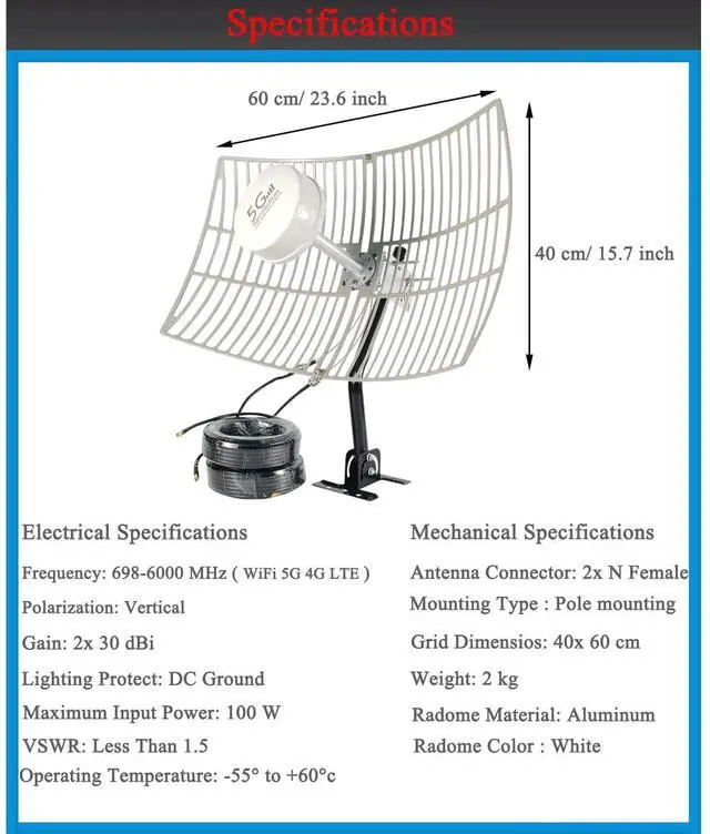 Alt view image 2 of 5 - WiFi 5G 4G LTE 2x2 MIMO Parabolic Antennas Kit for 4G LTE 5G Hotspot Router T-Mobile Dish Grid Cellular Directional 2.4/5.8GHz WiFi 4G LTE Antenna Long Range 30dBi with SMA TS9 Cable Pole(Full Kit)