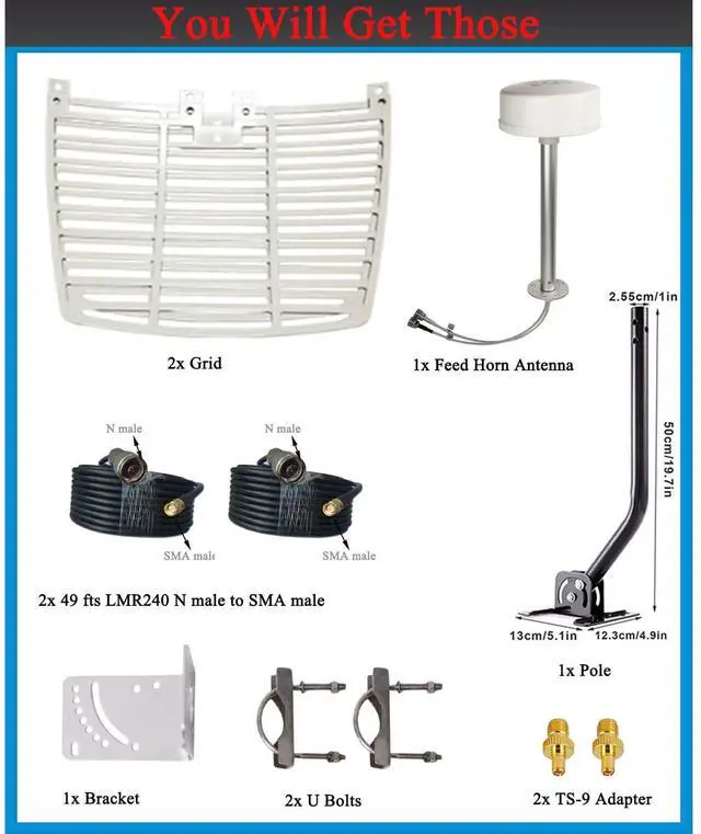 Alt view image 3 of 5 - WiFi 5G 4G LTE 2x2 MIMO Parabolic Antennas Kit for 4G LTE 5G Hotspot Router T-Mobile Dish Grid Cellular Directional 2.4/5.8GHz WiFi 4G LTE Antenna Long Range 30dBi with SMA TS9 Cable Pole(Full Kit)